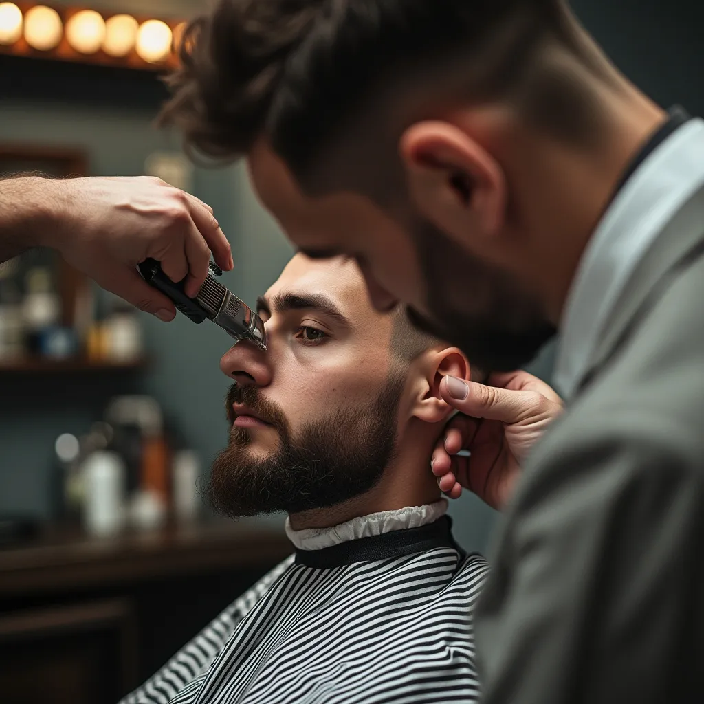Barbero con cliente mirando en el espejo